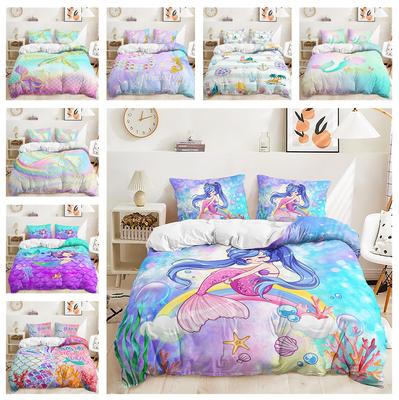 Juego de cama de sirena 3D, funda nórdica y funda de almohada para habitación de niñas, tela de microfibra bonita para decoración del hogar