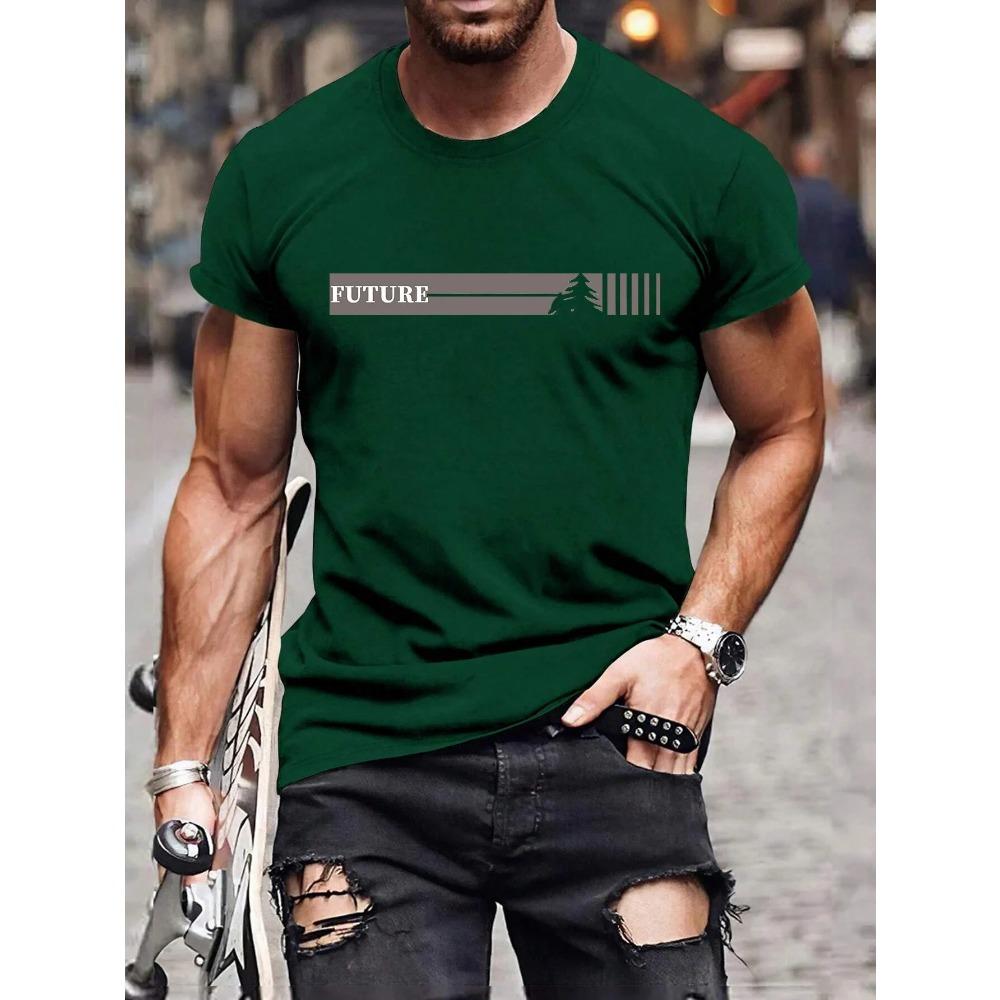 Men's Summer 100 Cotton Fashionable Casual Loose Plus Size Future Pattern Printed Sports Round Neck Short Sleeve T-shirt Top