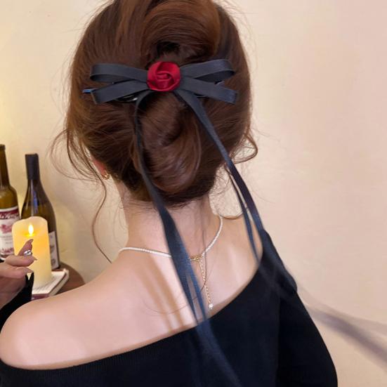 Girl Hairpin Smooth Edges Rounded Gripper Clip Satin Fabric Long Ribbon Bow Rose Flower Decor Buns Ponytails Clip Hair Accessory