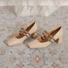 Fashion 2025 Women Heels Shoes Spring Double Buckle Square Toe Mary Jane Shoes Autumn Woman Patent Leather Thick High Heels Dress Shoes