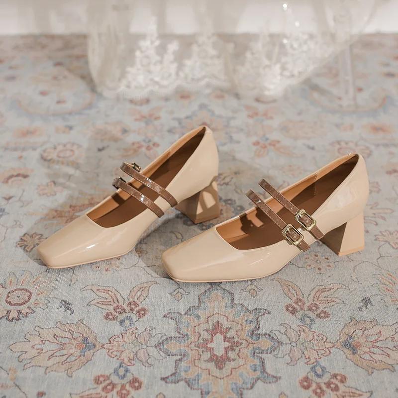 Fashion 2025 Women Heels Shoes Spring Double Buckle Square Toe Mary Jane Shoes Autumn Woman Patent Leather Thick High Heels Dress Shoes