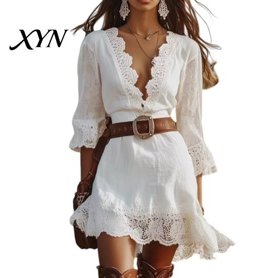 Polyester Dress Women Women's Lace Trim Mini Dress, Deep V-Neck 3/4 Sleeve Casual Everyday Wear Short Summer High Waist A Line Boho Sundress