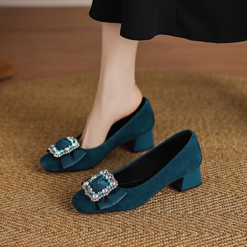Krazing Pot Suede Spring Summer Size 41 Med Heels Office Lady High Heels Crystal Women Square Toe Shallow Pumps