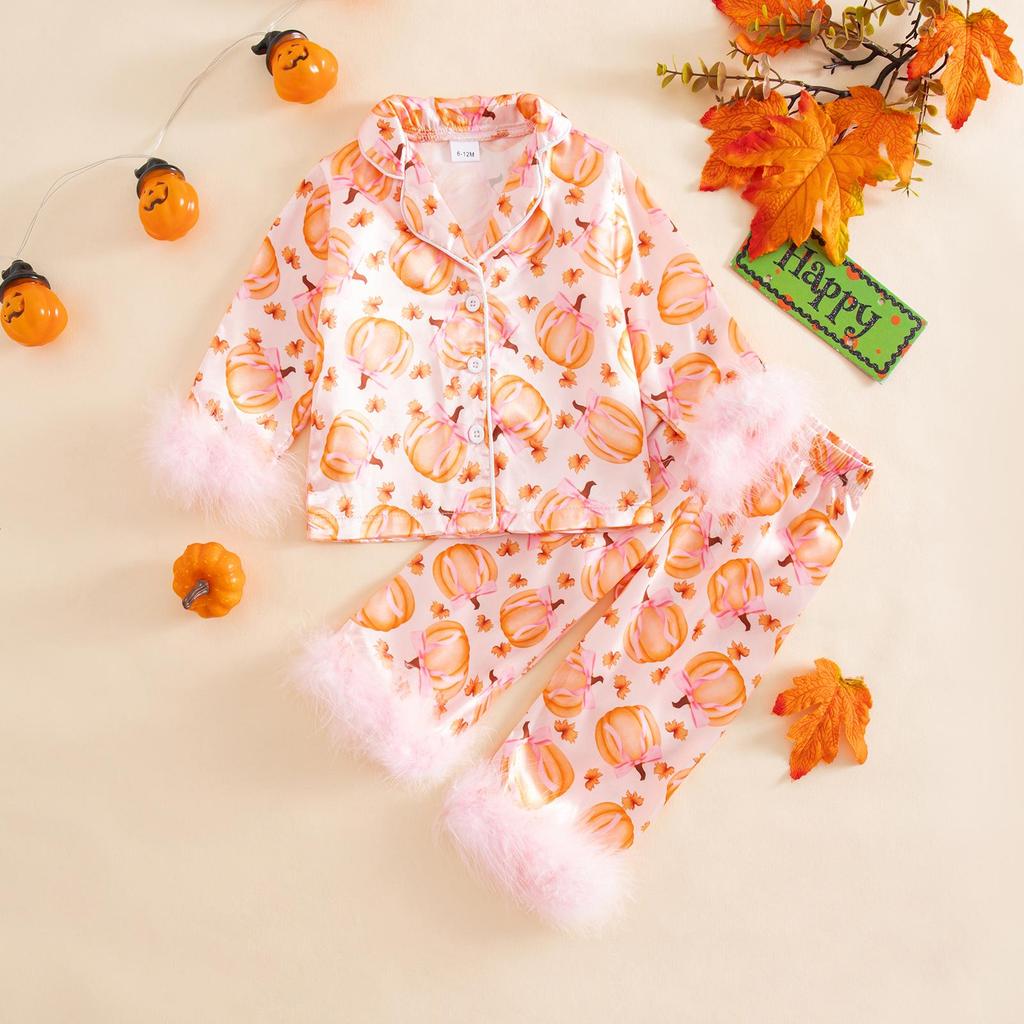 2025 Furry Halloween Pajama Set with Bowknot & Pumpkin Print - Two-Piece Turn-Down Collar Homewear