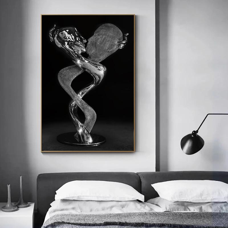 Umarmender Kuss Metallstatue Leinwandgemälde Abstrakter Liebhaber Poster und Drucke Wandkunst Bilder für Wohnzimmer Wanddekoration Cuadros