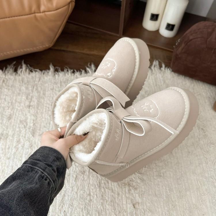 Cute thick-soled snow boots for women 2025 new winter sheep puffs bow warm and velvet non-slip cotton shoes for women