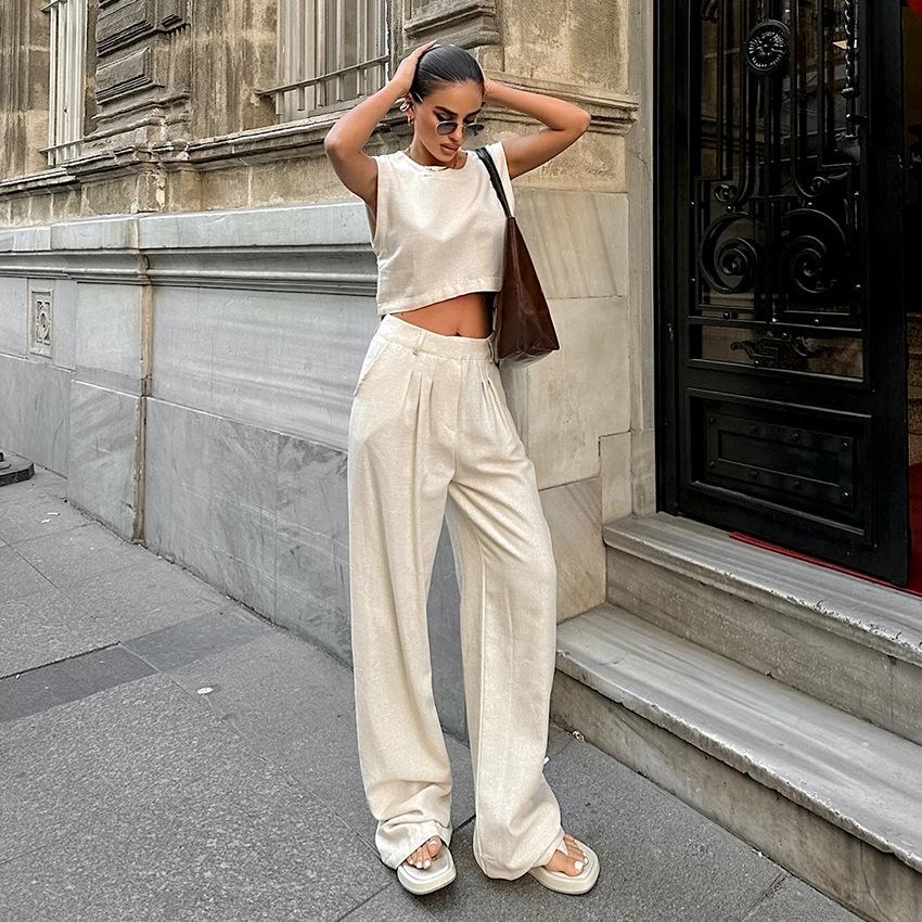 European and American street style fashion casual suit khaki cotton and linen sleeveless top trousers two-piece set summer wholesale women