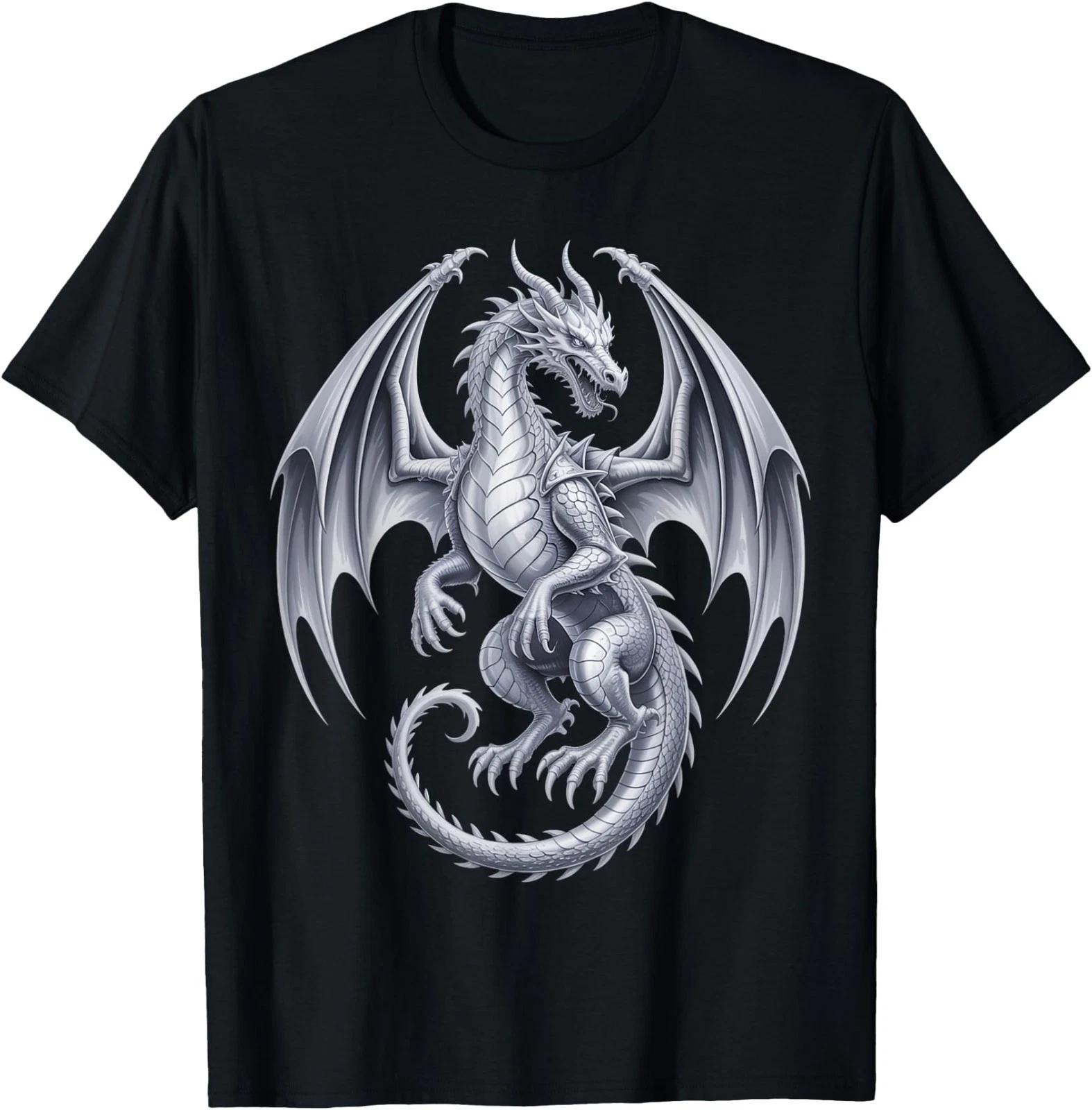 Vintage Mythical Fantasy Creature Dragon Art Silver Dragon T-Shirt L