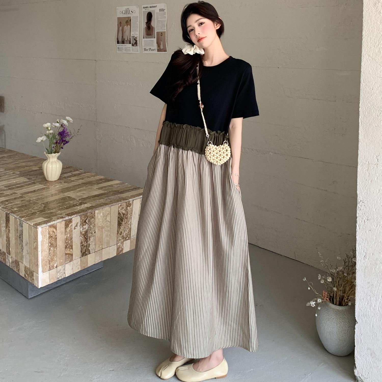 

Dimanaf 2025 Платье больших размеров Женское Летнее Винтажное Плиссированное Платье Базовое Длинное Свободное Повседневное Платье с Вставками Элегантное L чёрный