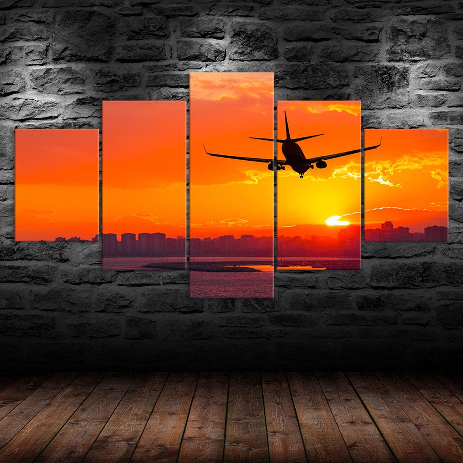 

Sunset Airplane 5 Piece Canvas Wall Art Multi Panel Print Modern Aircraft Poster Home Decor Picture Gift For Him For Her 20x35 20x45 20x55cm