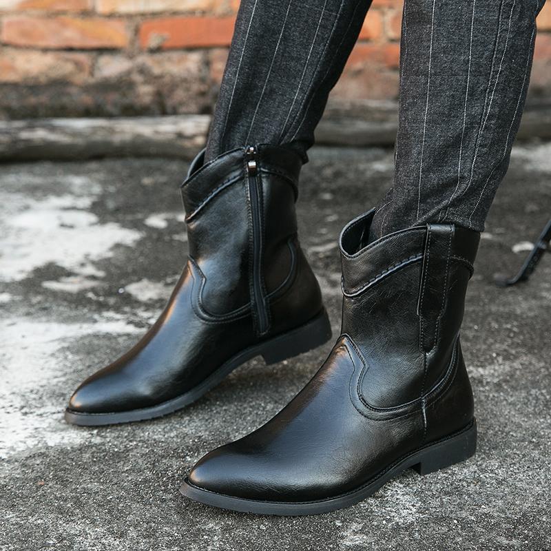 

Чоловічі чоботи вестерн з гострим носом, кінчиками крил, чорно-коричневі, жовті, повсякденна сукня в стилі ретро, ​​шкіра на блискавці, чоловічі демісезонні чоботи до середини ікри для чоловіків великих розмірів EU:41 чорний