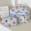Blue Striped Teddy Bear Makeup Bag Cartoon Girl Heart Portable Large Capacity Quilted Toiletry Storage Bag for Going Out