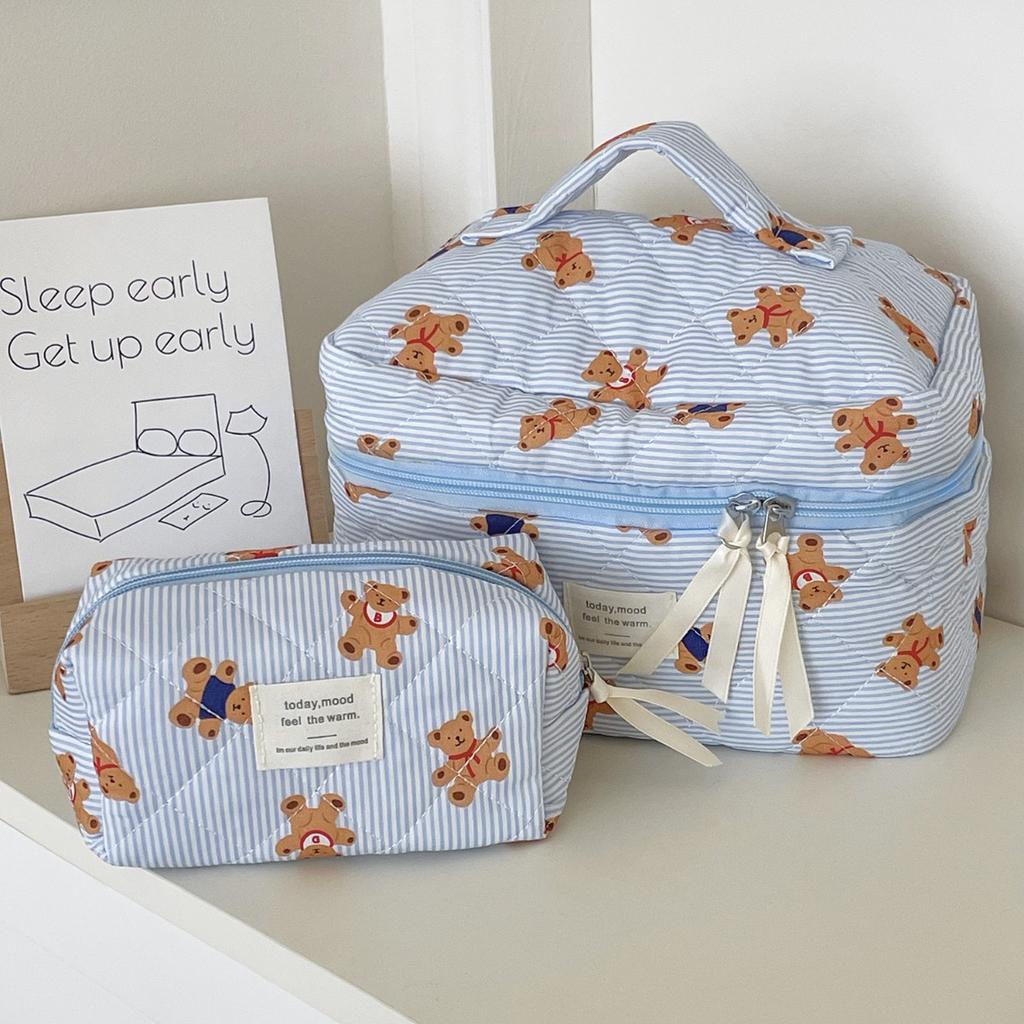 Blue Striped Teddy Bear Makeup Bag Cartoon Girl Heart Portable Large Capacity Quilted Toiletry Storage Bag for Going Out