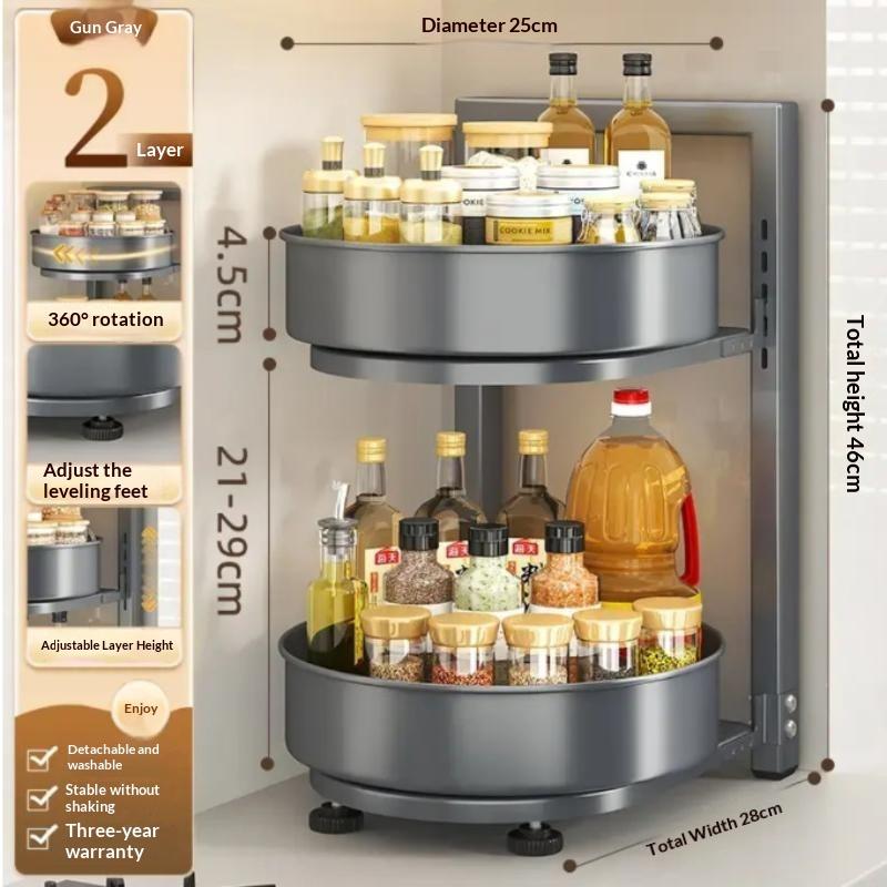 Rotating Spice Rack 2/3 Tier Carbon Steel Seasoning Bottle Organizer 360 Degree Rotatable Storage Tray For Kitchen Countertop