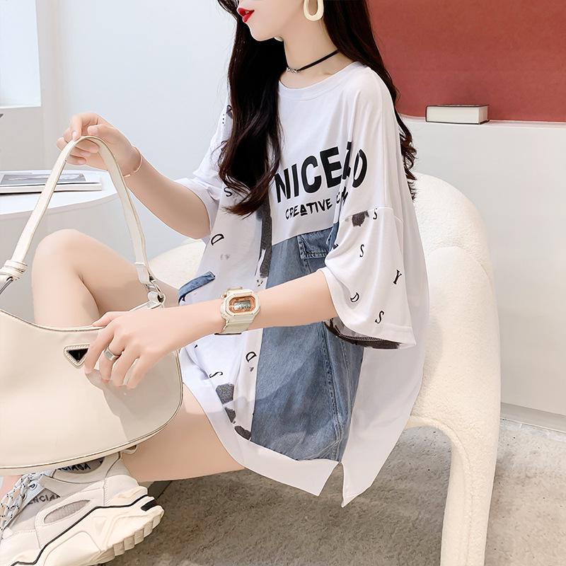 Women's Mid-Length 2025 Denim Patchwork Cotton T-Shirt - Plus Size, Short Sleeve, Round Neck for Summer
