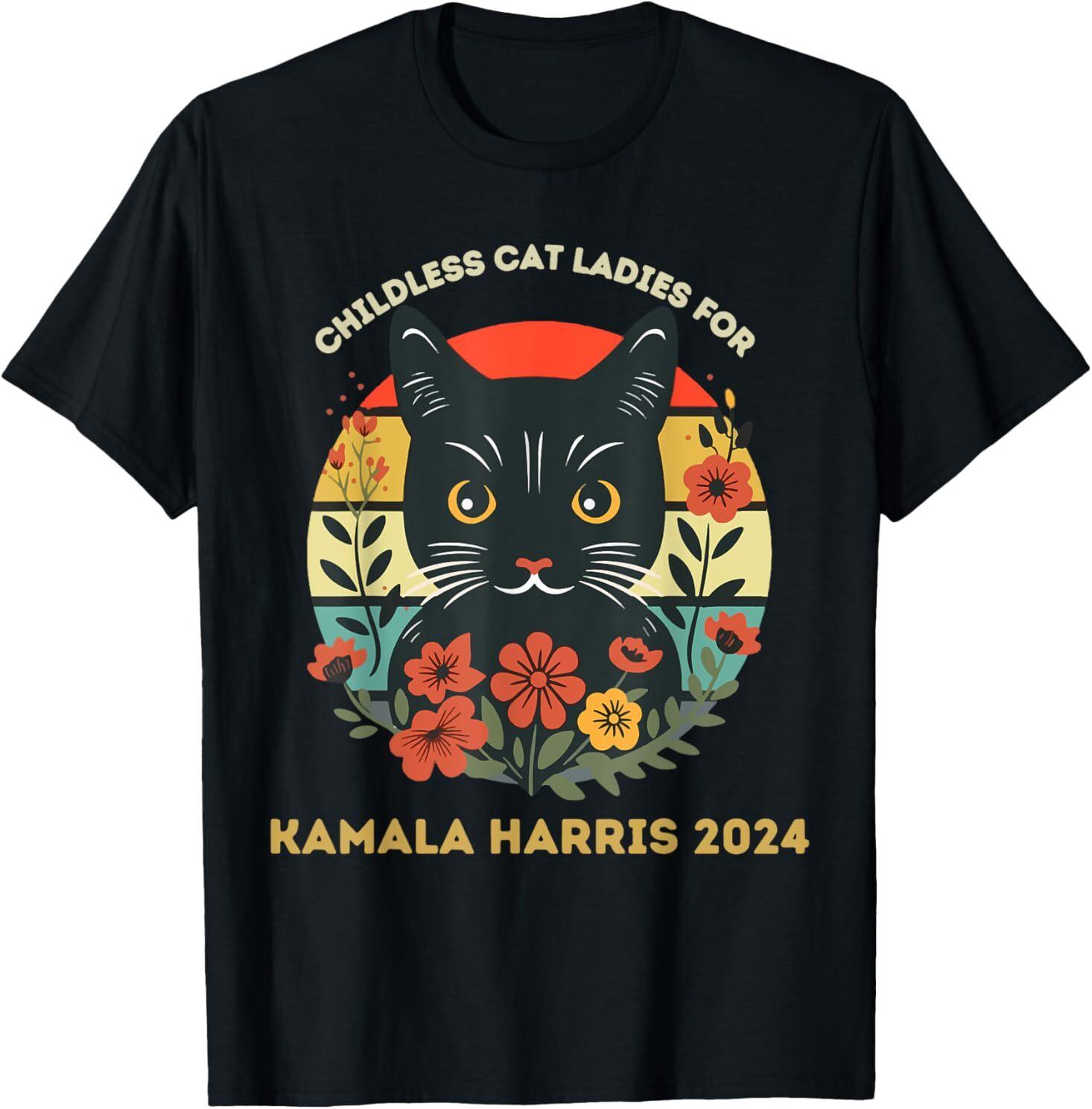 Vintage Childless Cat Ladies For Kamala Harris 2024 Election T-Shirt Mens Womens Tees Top, Size S-5XL 2XL