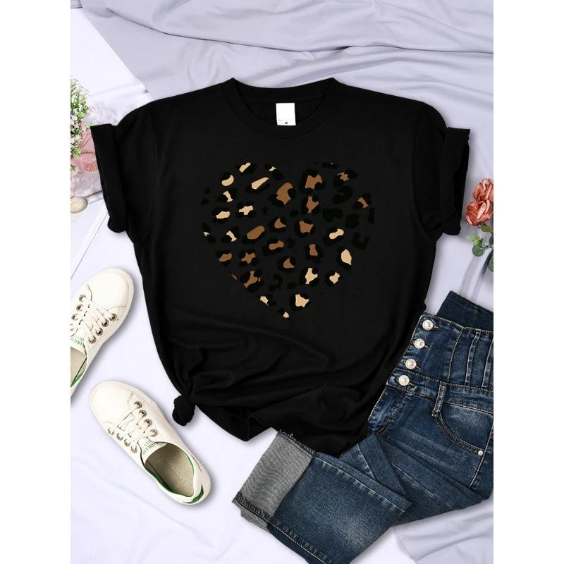 Sommer Rundhals 3D Leopard Herz Print Top Modische Lässige Kurzarm Damen T-Shirts