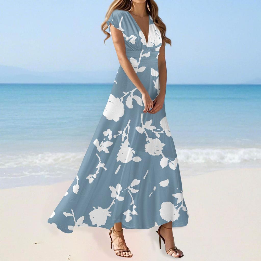 Boho Dress For Women Casual Loose Fit Summer Sundress Floral Print Dress With Pocket
