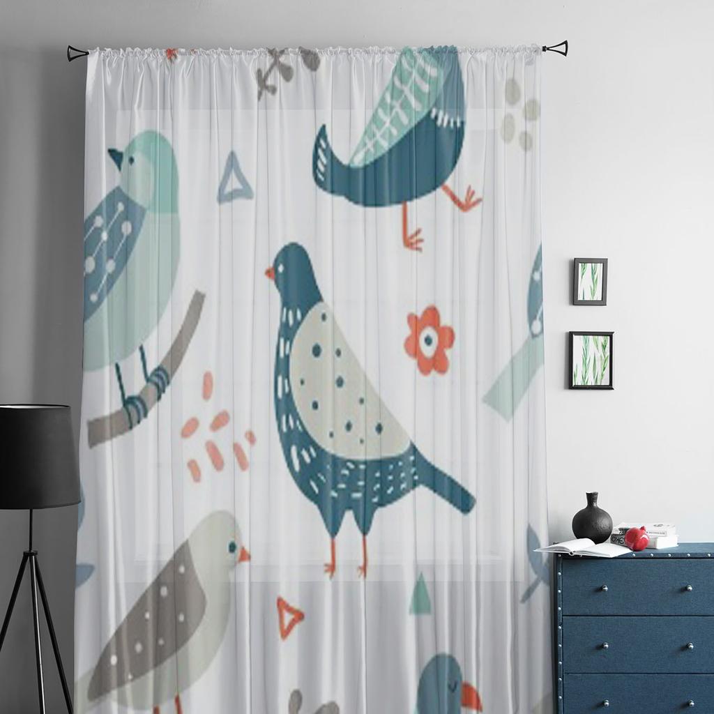 Birds Flowers Abstract Doodle Shapes Tulle Sheer Curtains for Living Room Bedroom Kitchen Decoration Voile Organza Curtains
