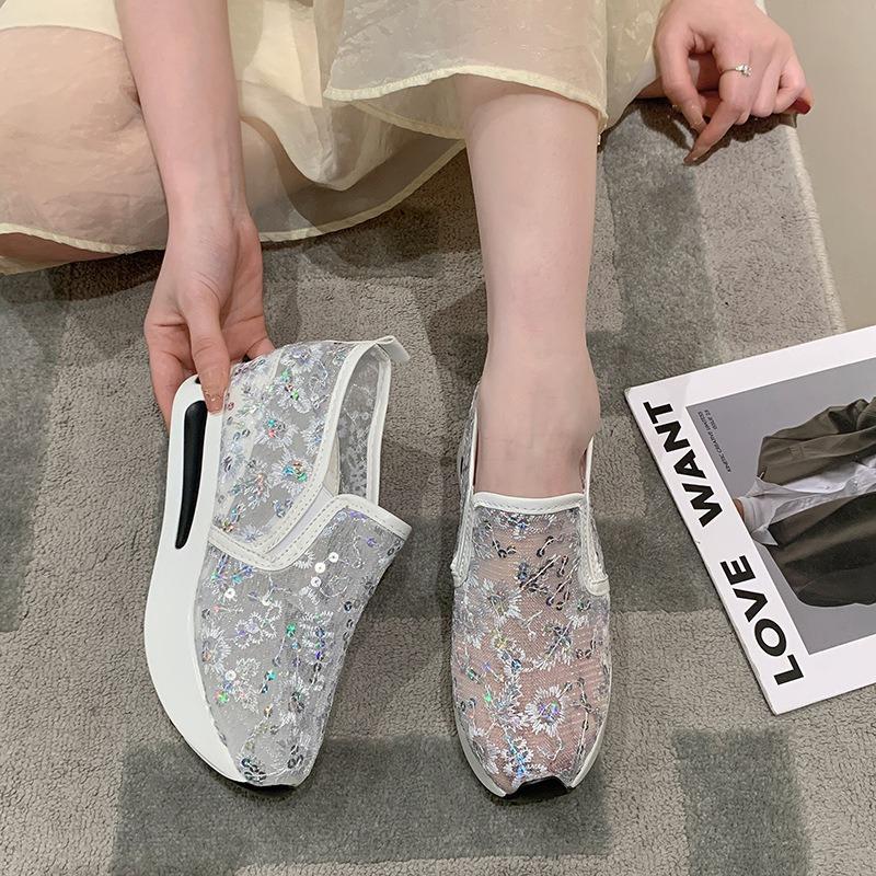 Inner Heightening Lace Sequins Women's New Breathable Mesh Casual Foot Muffin Platform Women's Shoes