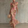 Women's High Neck Short Sleeve Floral Maxi Dress Slim Fit Mid Waist Elegant Mermaid Dress