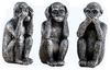 Three Wise See No Hear No Speak No Cute Pose Set of 3 Monkeys Evil, Evil, Evil, Figures, (Silver)