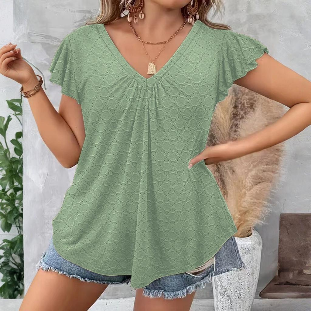 Women’s V Neck Short Sleeve Lace Pattern Casual Loose Fit Summer Top Lightweight Pullover Blouse Shirt