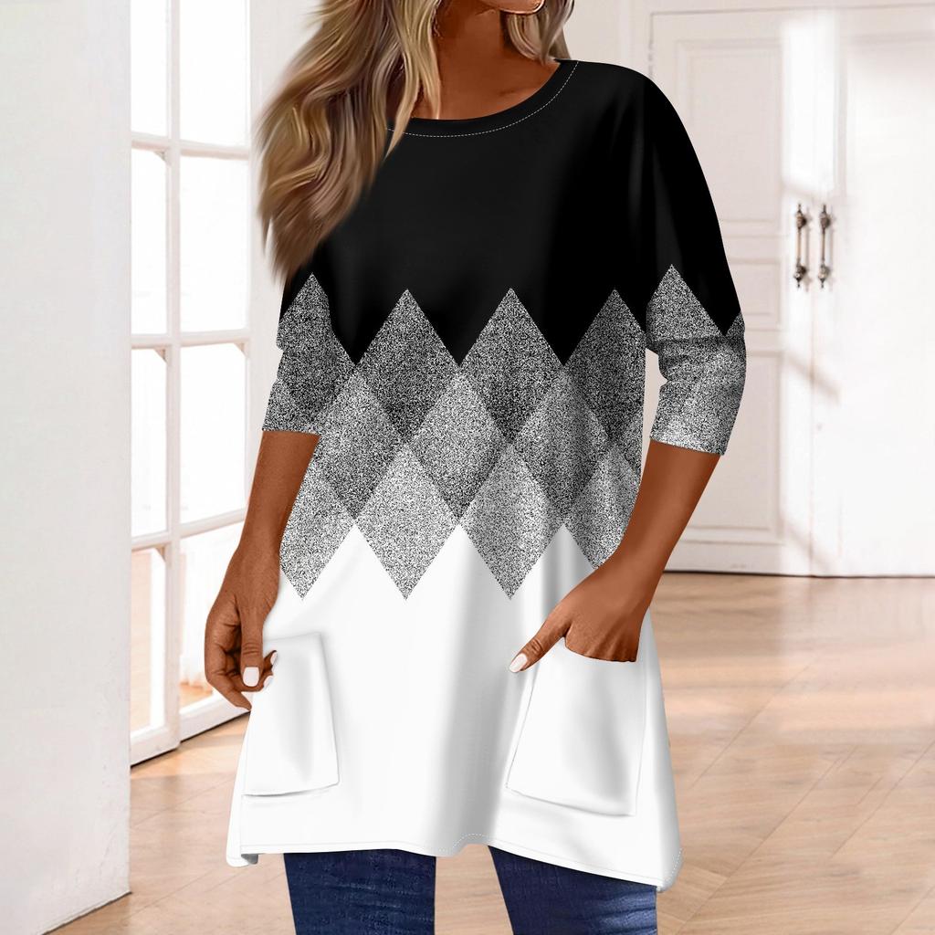3/4 Sleeve Tops For Women T-Shirt Casual Print Tops T Shirt Round Neck Pullover  Blouse