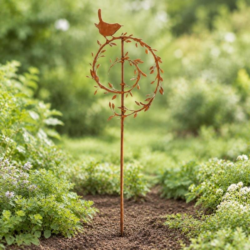 Iron Garden Stake with Aged-Look Brown Finish and Bird Detail for Flowers, Lawn Edges, and Suitable Soil Placement
