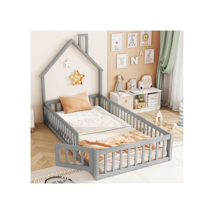 Kinderbett - MUVOE - 90 x 200 cm - Kamin-Design - Sicherheitsgitter - Grau