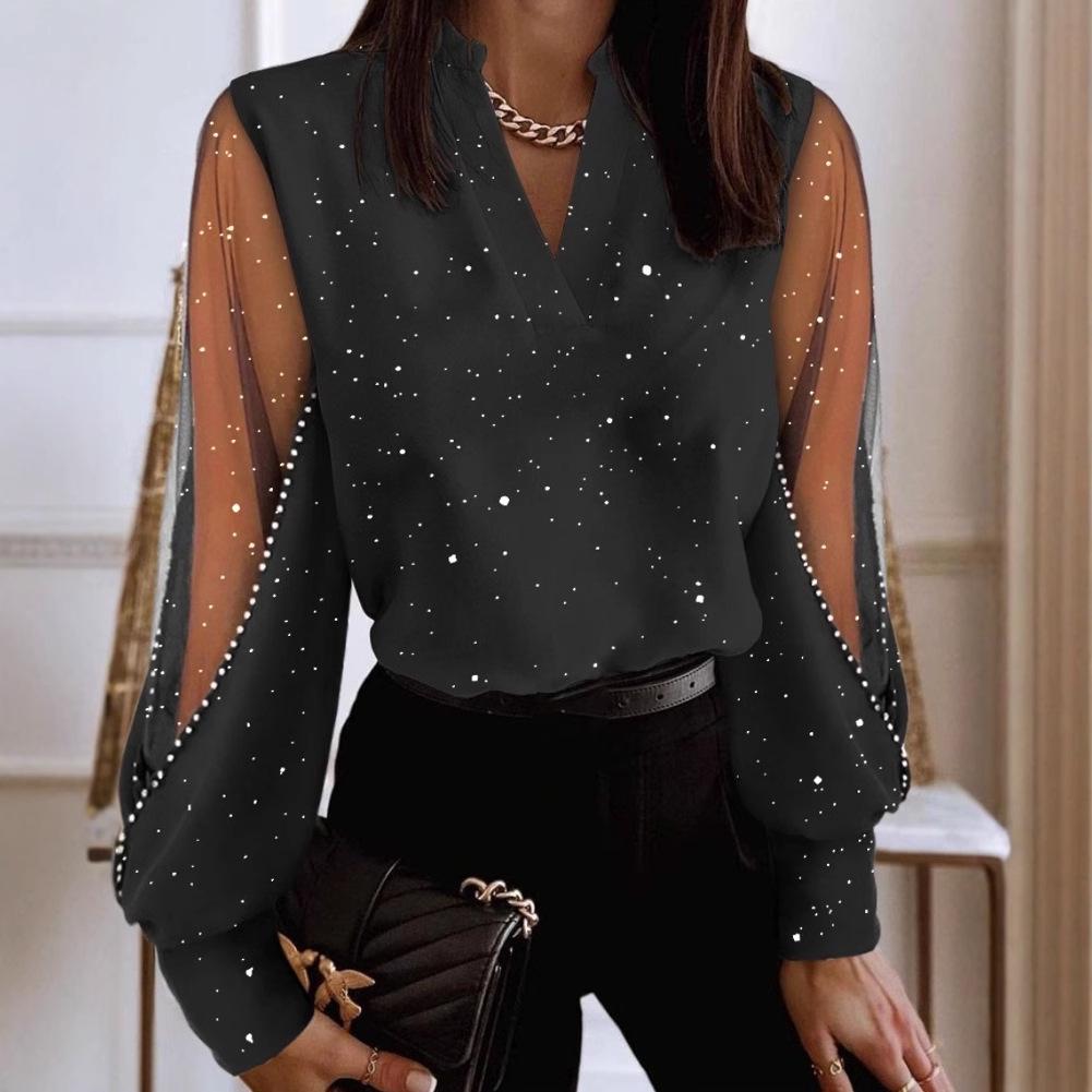 Podzimní a zimní halenka s V-výstřihem, krajkovým dlouhým rukávem pro ženy