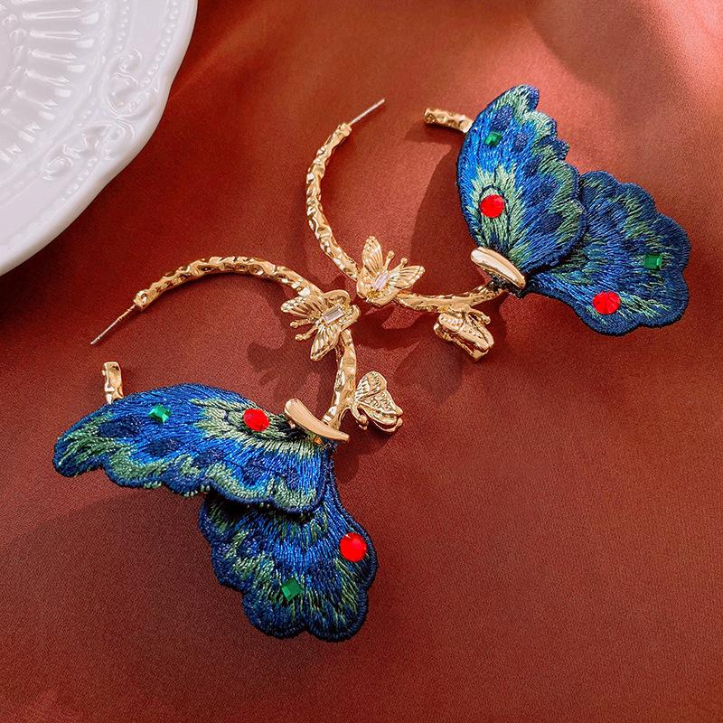 Vintage Fabric Embroidery Diamond Set Butterfly Circle Silver Needle Earrings Geometric Earrings