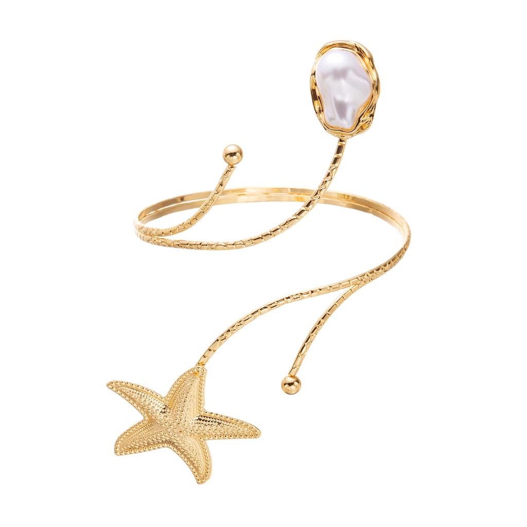 Elegant Irregular Imitation Pearl Cuff Bracelet for Women Boho Starfish Upper Arm Bangle Beach Adjustable Party Jewelry Gift