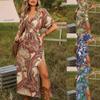Böhmisches Print V-Ausschnitt Lockeres Midi-Kleid mit Schlitz, Neues Mode-Herbstkleid für Damen, Lässiger Europäisch-Amerikanischer Stil für den grenzüberschreitenden Handel