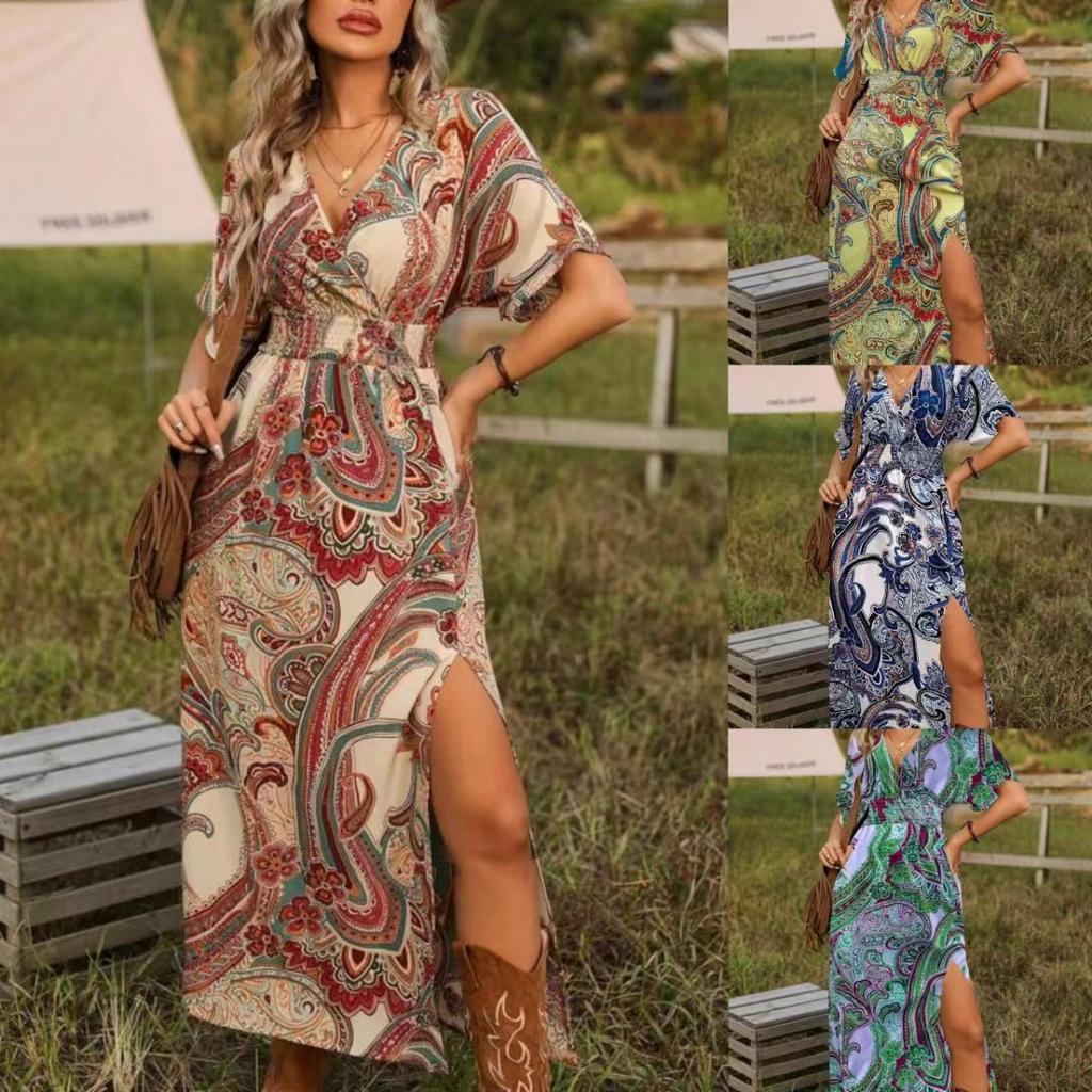 Böhmisches Print V-Ausschnitt Lockeres Midi-Kleid mit Schlitz, Neues Mode-Herbstkleid für Damen, Lässiger Europäisch-Amerikanischer Stil für den grenzüberschreitenden Handel