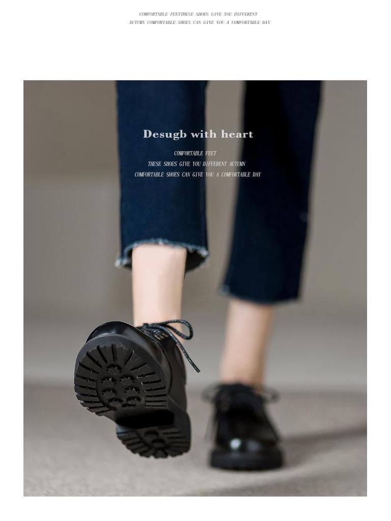 British Style Round Toe Women's Workplace Loafers - Lace-up, Thick Sole, Mid-Heel Leather Shoes