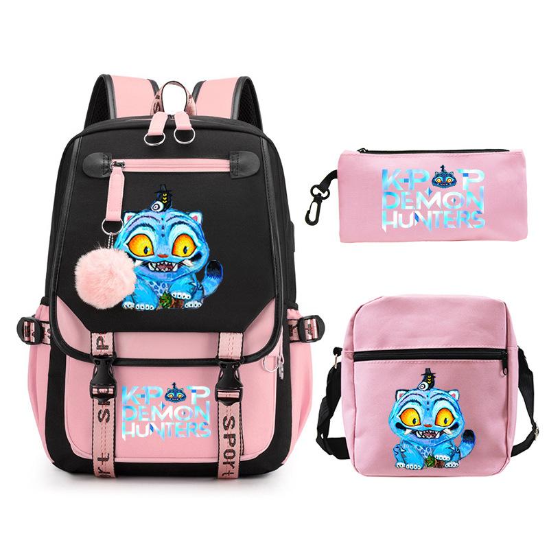Kpop Trend Backpack Large Capacity Student School Bag Three-Piece Pencil Case Casual Shoulder Bag