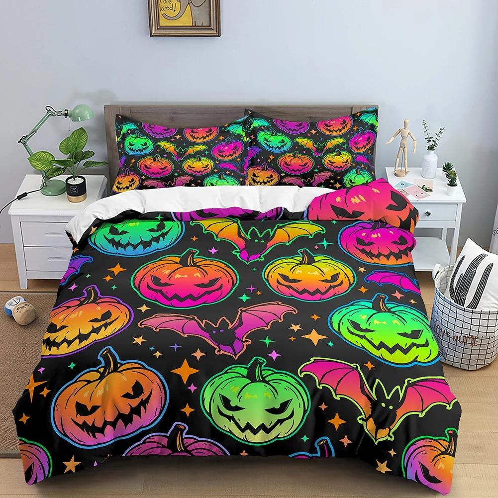 Neonfarbenes Bettbezug-Set King Regenbogen-Farbverlauf Kürbis Bettwäsche-Set Mikrofaser Steppdeckenbezug Halloween-Thema Einzelner Bettdeckenbezug