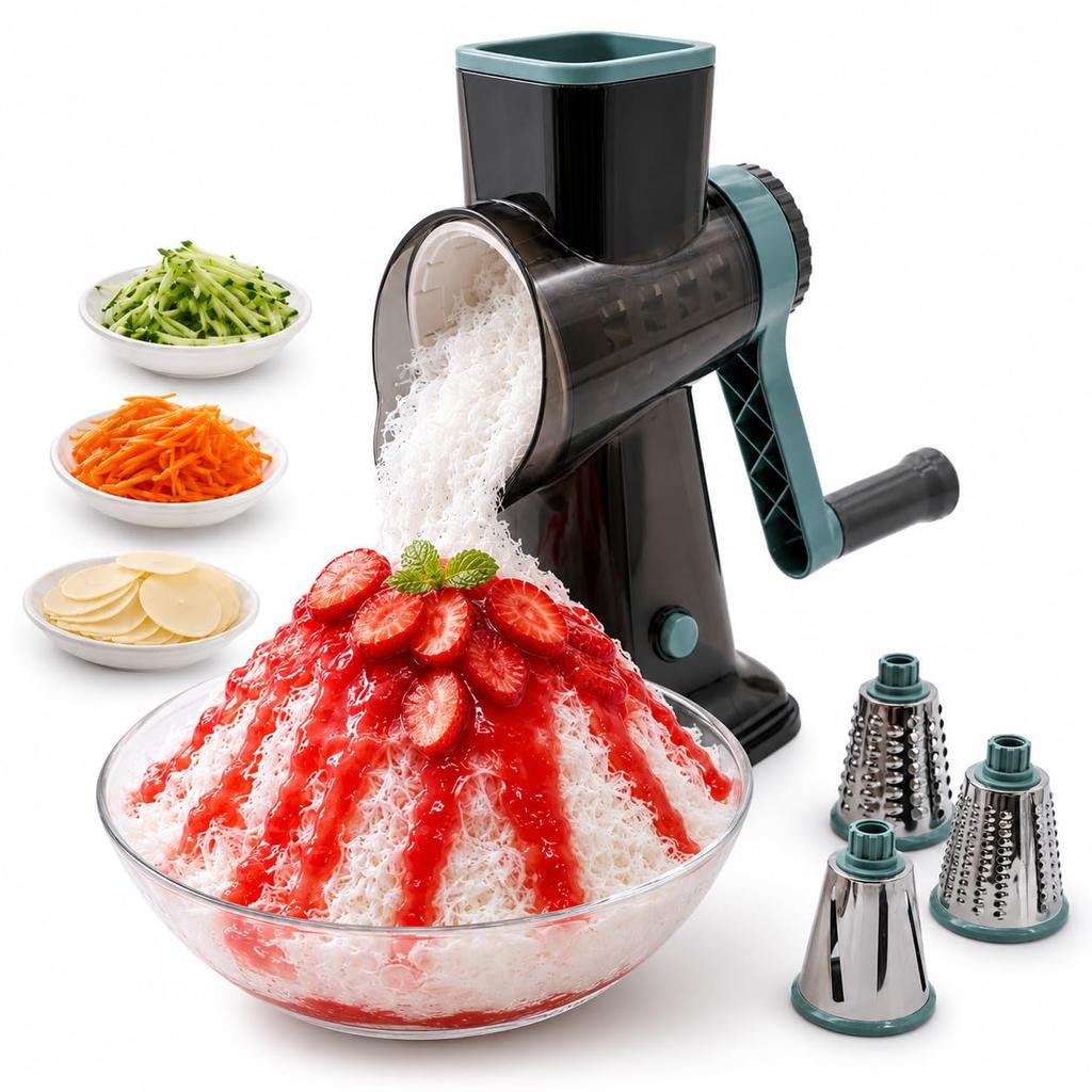 Medichef Rotary Vegetable Slicer Manual 4-Blade Set with Shaved Ice Function Julienne Grater Cabbage Carrot Cutter Kitchen Tool Tray