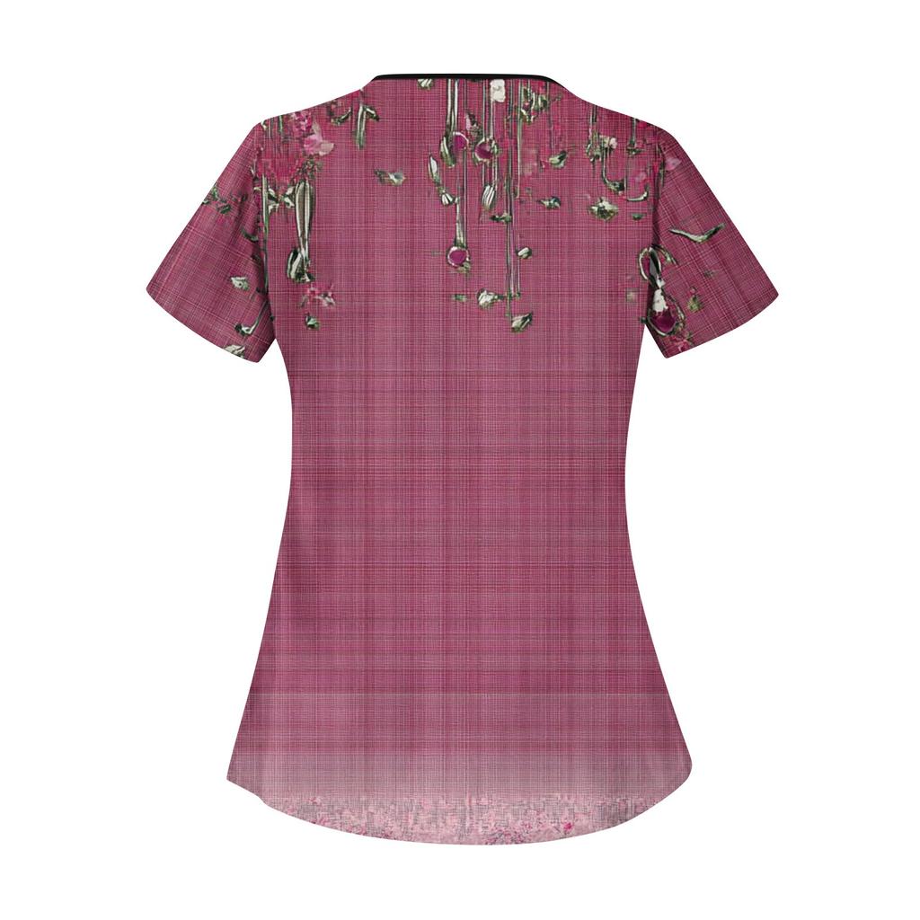 Women's Casual  Print Short Sleeve Sloping Collar Workwear Top With Double Pockets