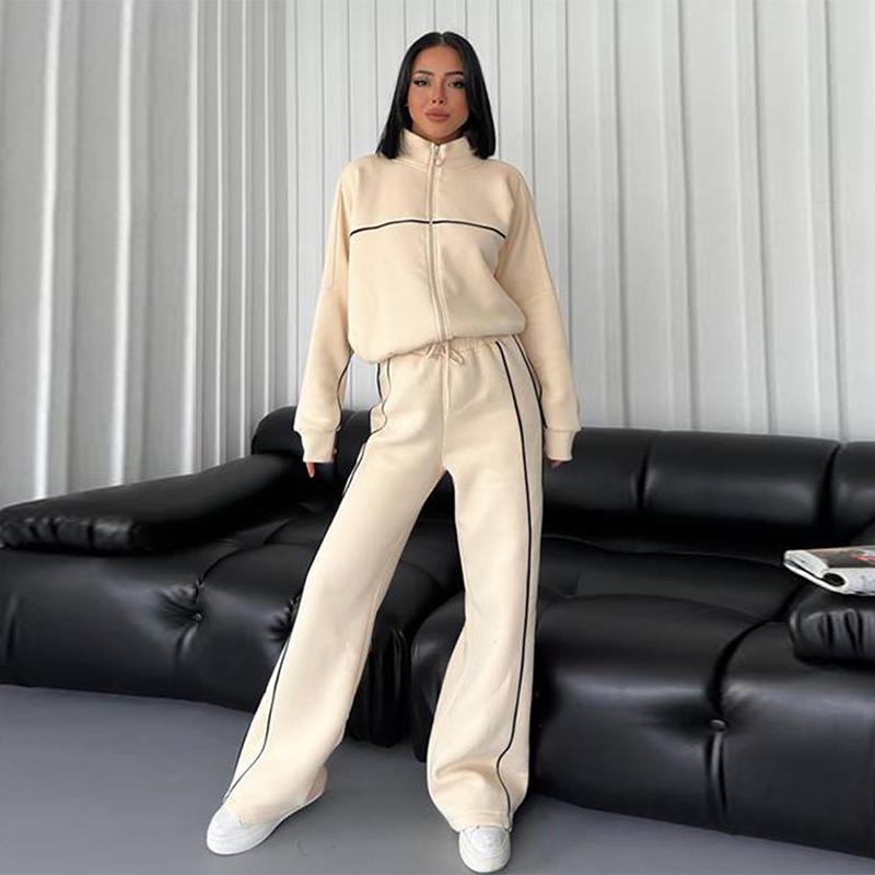 New Casual Set Women Longsleeved Half High Collar Cardigan Sweater Lace Up Striped Pants Women Clothing Fashion Two Piece Suits