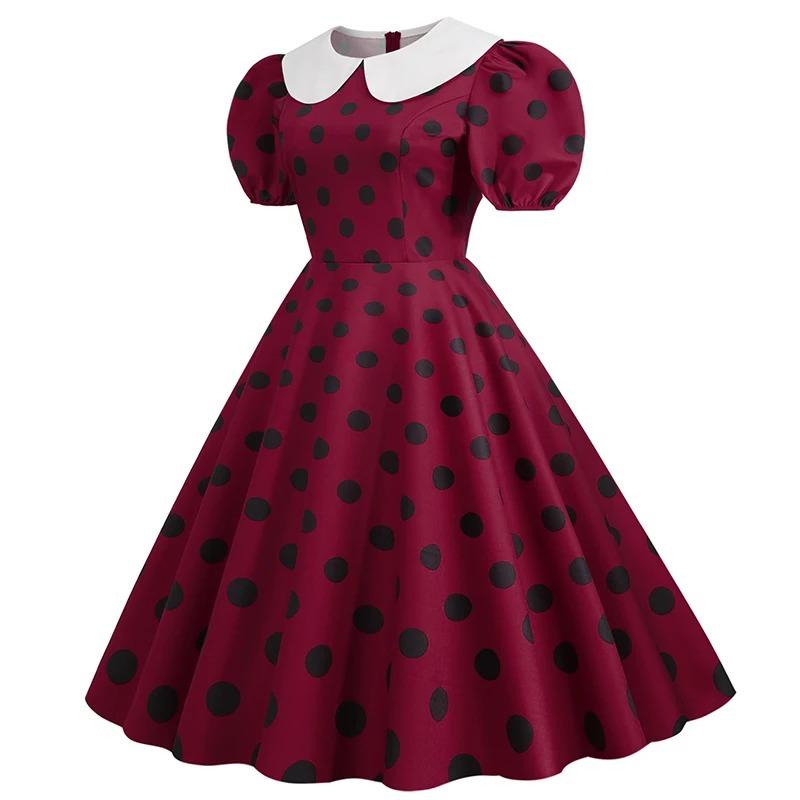 Kragen Elegantes Damen Sommerkleid Puff Kurzarm Pünktchen Vintage Kleid A-Linie Midi Party Sonnenkleid
