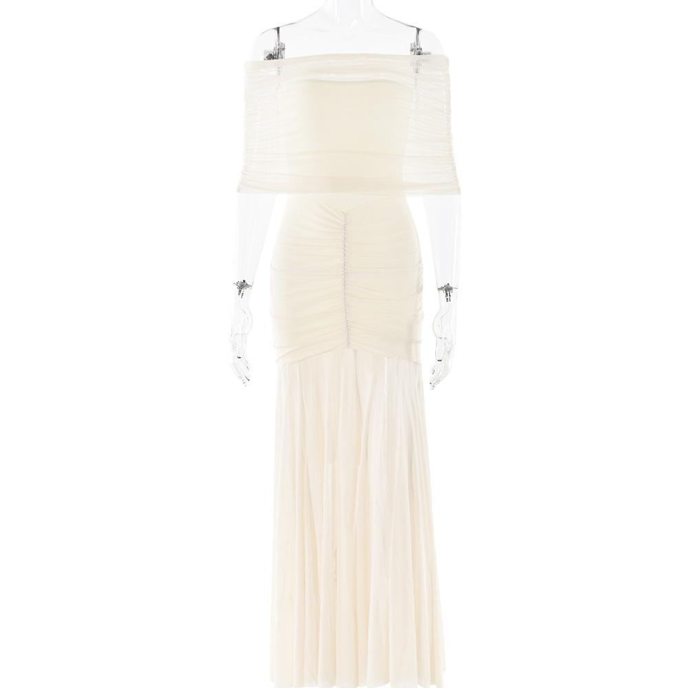 Women s Off Shoulder Sleeveless Maxi Dress Slim Fit High Waist Sexy Summer Mesh Mermaid Dress S абрикосовый