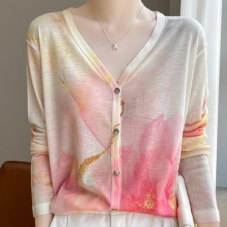 Cardigan subțire de damă Primăvară Vară Cardigan tricotat cu imprimeu mătase Jachetă Mânecă lungă Larg Top tricotat cu protecție solară