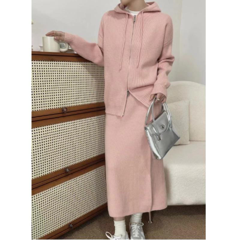 

Повседневный спортивный костюм женский осенне-зимний свитер с капюшоном вязаная куртка + юбка на резинке на талии костюм из двух частей One size розовый