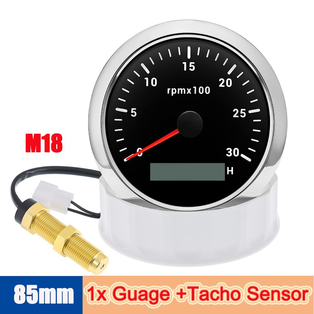 85mm Waterproof Car Boat Tachometer with Tacho Sensor M16/M18 Signal Adapter 3000rpm Speed Guage Motorcycle LCD RPM Meter Tach
