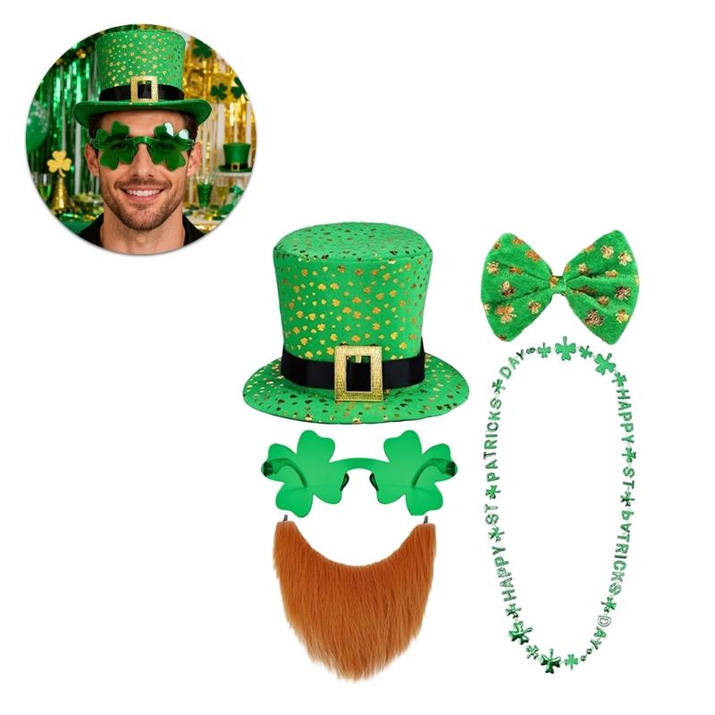 Saint Patrick Costume Set Leprechaun Hat Fakes Beard Mustache Tie Glasses for Party Costume Irish Festival Accessories