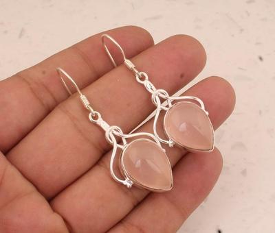 Solid 925 Sterling Silver Pink Chalcedony Gemstone Handmade Designer Women Dangler Earring Jewlery