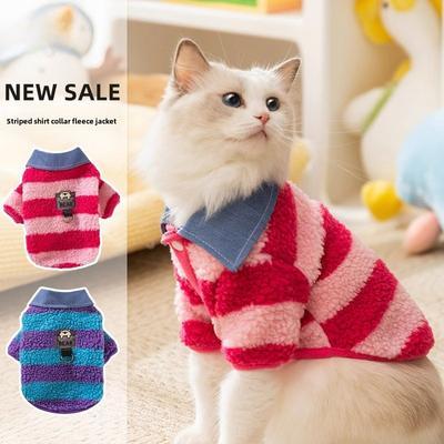 Cat Autumn and Winter Bear Striped Shirt Collar Flannel Medium and Small Dog Dog Hairless Cat Pet Cat Clothes