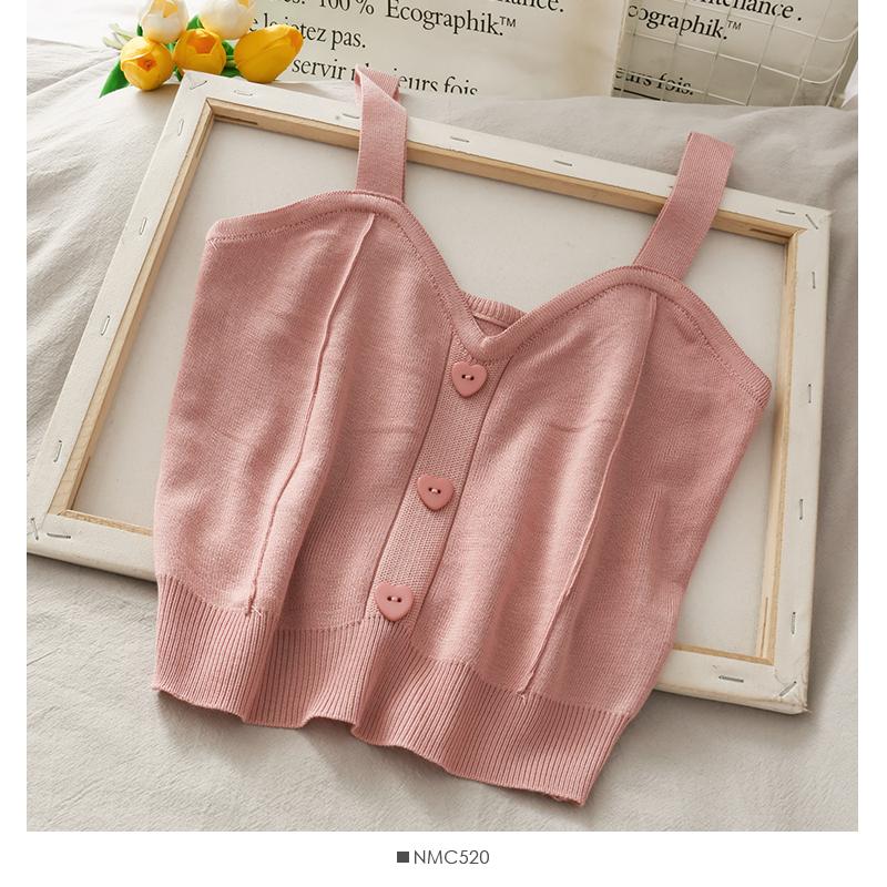 Dámské pletené crop topy Roztomilé zapínací topy s V výstřihem Bez rukávů na ramínka